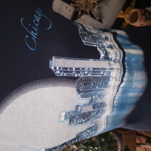 ON TREND ♡ Super-Sweet Vintage Navy Shimmering Chicago Water Front Scene Shirt M - Picture 6 of 10